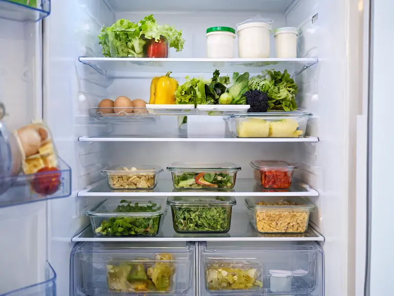 An open refrigerator stocked with everyday groceries