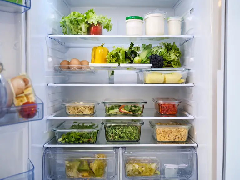 An open refrigerator stocked with everyday groceries