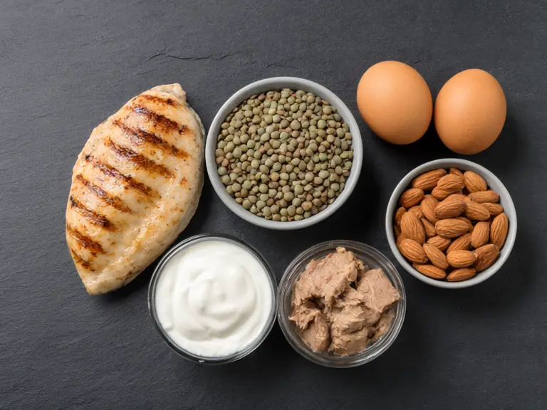 Protein-rich foods arranged on a counter